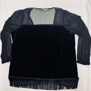 Suzie Couture Velvet Square Neck Sheer Sleeve Fringe Hem 3X Glam Top